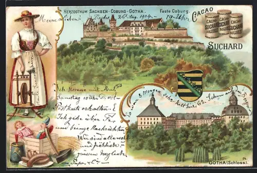 Lithographie Coburg, Kakao Suchard, Feste Coburg, Schloss, Wappen, Mädchen in Tracht