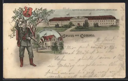 AK Coburg, Kaserne des III. Bataillons Infanterie-Regts. No. 95, Offizier-Casino, Soldat in Uniform mit Pickelhaube