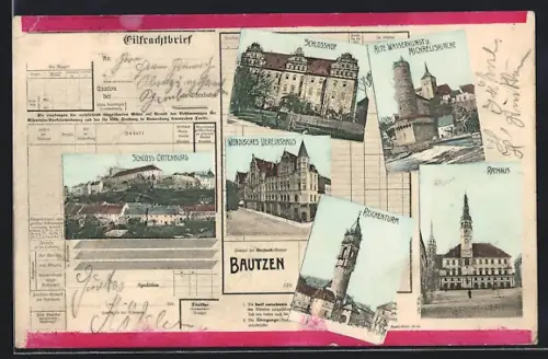 AK Bautzen, Alte Wasserkunst und Michealiskirche, Schlosshof, Schloss Ortenburg, Rathaus, Reichenturm