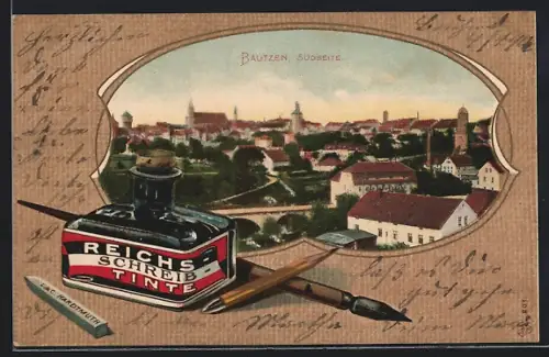 Passepartout-Lithographie Bautzen, Ortsansicht von Süden aus, Werbung für Reichsschreibtinte