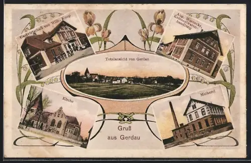 AK Gerdau, Gasthaus von Wilm. Knop, Kolonialwarenhandlung Aug. Waenecke, Kirche, Molkerei