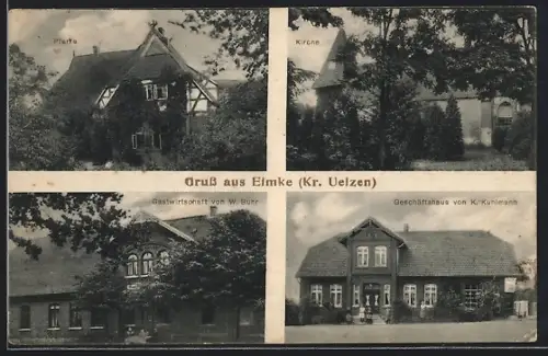 AK Eimke /Uelzen, Gastwirtschaft von W. Buhr, Geschäftshaus von K. Kuhlmann, Pfarre, Kirche