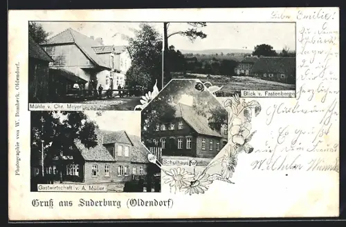AK Suderburg /Oldendorf, Gasthaus von A. Müller, Mühle von Chr. Meyer, Schule, Blick vom Fastenberge