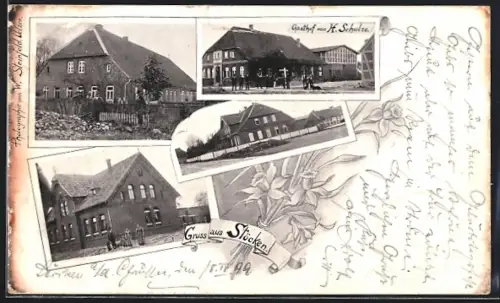 AK Stöcken / Uelzen, Gasthof H. Schulze in vier Ansichten, mit Strasse u. Versammlung, Blumen
