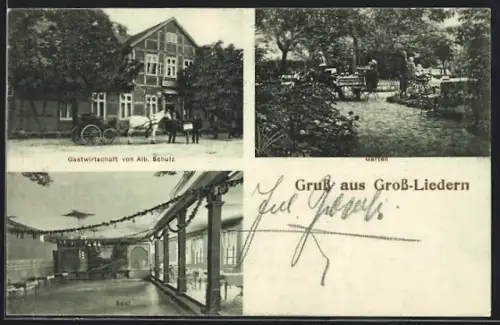 AK Gross-Liedern, Gasthaus von Alb. Schulz, Garten, Saal