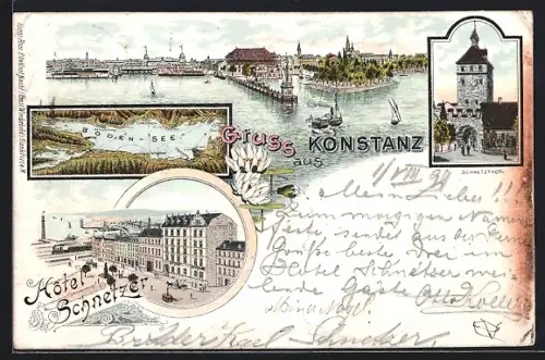 Lithographie Konstanz, Hotel Schnetzer, Schnetztor, Bodenseekarte