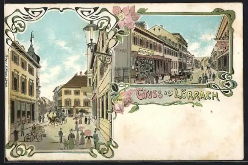 Lithographie Lörrach, Ortspartie mit Wiener Bazar und Kleider-Magazin von H. Fendrich