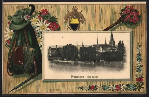 Passepartout-Lithographie Konstanz, Ortsansicht auf der Insel, Bergwanderer-Ausrüstung