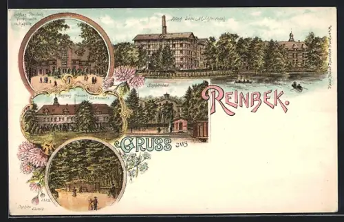 Lithographie Reinbek, Blick beim Mühlenteich, Schloss, Sophienbad