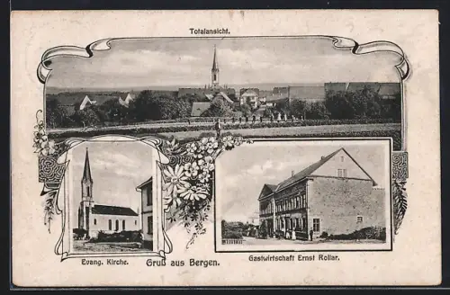 AK Bergen / Kirn, Gasthaus Ernst Rollar, Evangel. Kirche