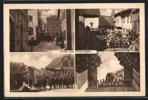 AK Monzingen, Strassenpartie mit Wohngebäuden, Denkmal