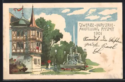 Künstler-AK Rastatt, Gewerbe- u. Industrie-Ausstellung 1901, Springbrunnen