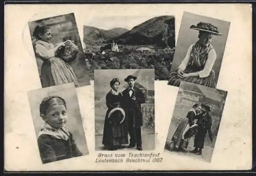 AK Lautenbach /Renchthal, Ortsansicht mit Kirche, Trachtenfest 1907, Männer, Frauen und Kinder in Tracht