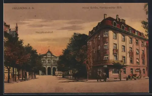 AK Heilbronn, Hotel Schön u. Hauptbahnhof m. Strassenbahn