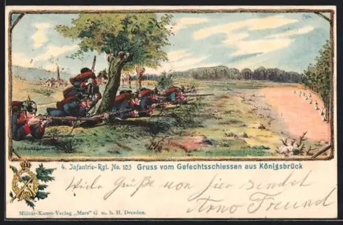 Lithographie Königsbrück, 4. Infanterie-Rgt. No. 103, Soldaten in Uniform