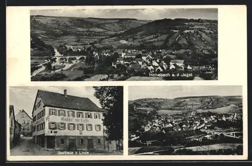 AK Hohebach a. d. Jagst, Gasthaus z. Linde, Bes. Fr. Kartle, Ortsansicht aus der Vogelschau