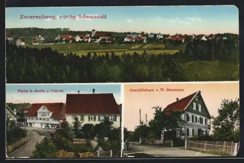 AK Zwerenberg / Württbg. Schwarzwald, Gasthaus zum Ochsen, Geschäftshaus von W. Hammann