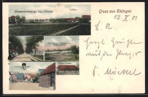 AK Eldingen, Gasthaus v. K. Odewald mit Gasthaus Holtgräfe, Wohnhaus F. Thölke, Dorfeingang