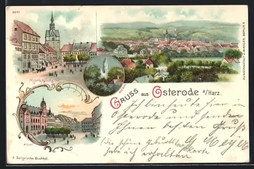 Lithographie Osterode / Harz, Totalansicht, Marktplatz, Post