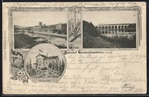 AK Guntershausen /Cassel, Bahnhof, Marienheim, Grosse Fuldabrücke