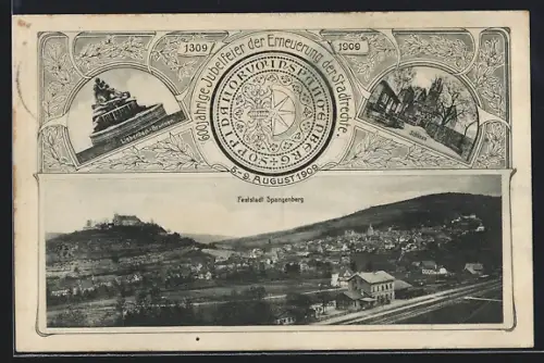 AK Spangenberg, 600 jährige Jubelfeier der Erneuerung der Stadtrechte 1909, Festung, Schloss, Liebenbach-Brunnen