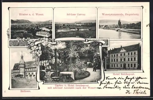 AK Höxter a. d. Weser, Schloss Corvey, Hotel Reichspost, Rathaus, Weserpromenade