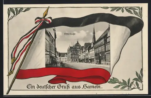 AK Hameln, Blick in die Osterstrasse im Reichsfahnen-Passepartout