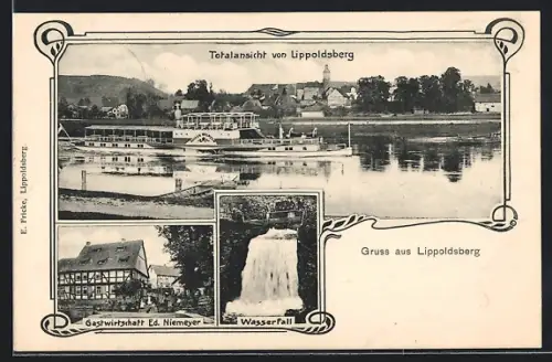 AK Lippoldsberg, Gasthaus Ed. Niemeyer, Wasserfall, Flusspartie