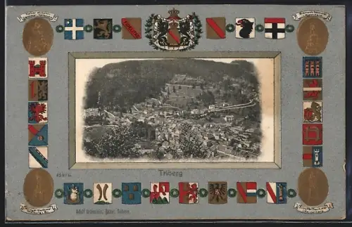 Präge-AK Triberg, Ortspanorama aus der Vogelschau, Wappen