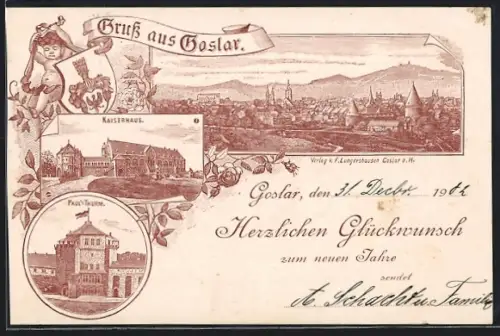 Lithographie Goslar, Paul`s Turm, Kaiserhaus, Gesamtansicht, sehr früher Druck ca. 1893