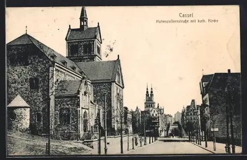 AK Cassel, Hohenzollernstrasse mit kath. Kirche
