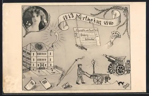 Künstler-AK Northeim, Absolvia 1916, Soldat mit Kanone, Spielkarten, Prüfungsbogen