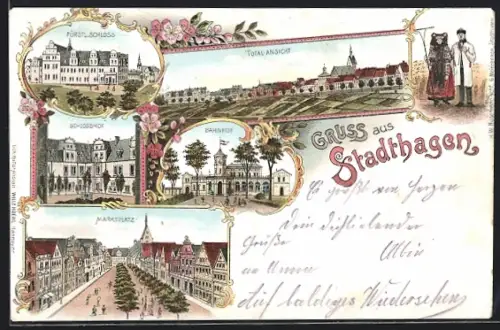 Lithographie Stadthagen, Bahnhof, Fürstl. Schloss, Schlosshof, Marktplatz