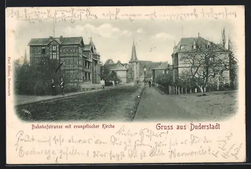 AK Duderstadt, Bahnhofstrasse mit evangelischer Kirche