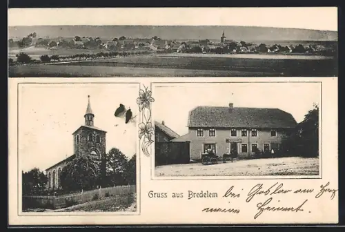 AK Bredelem, Kirche, Gasthaus, Ortspanorama