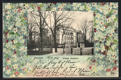 Passepartout-Lithographie Bautzen, Evang. Seminar im Blumen-Passepartout