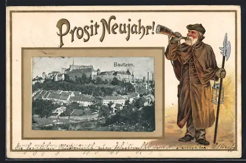 Passepartout-Lithographie Bautzen, Ortspanorama im Passepartout, Prosit Neujahr