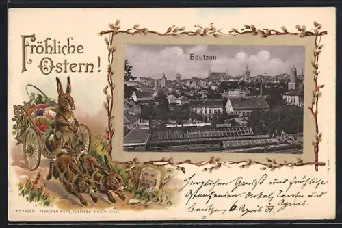 Passepartout-Lithographie Bautzen, Ortsansicht im Osterpassepartout mit Osterhasen