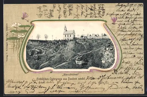 Passepartout-Lithographie Bautzen, Eierschieben an einem Hang, Seerosen-Passepartout