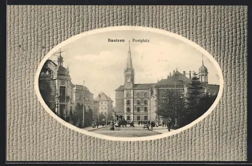 Passepartout-AK Bautzen, Postplatz in ovalem Passepartout