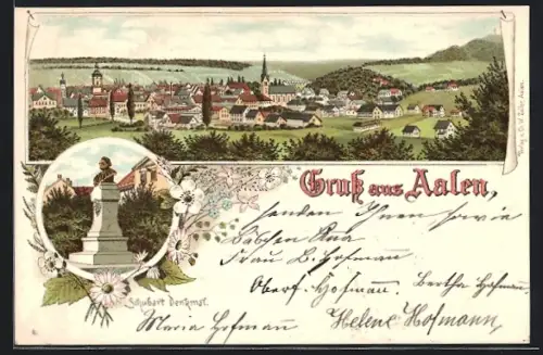 Lithographie Aalen, Schubart-Denkmal, Ortsansicht mit Kirche