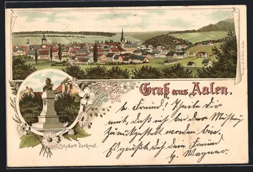 Lithographie Aalen, Totalansicht, Schubart Denkmal