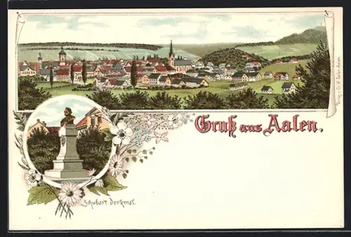 Lithographie Aalen, Totalansicht, Schubart Denkmal