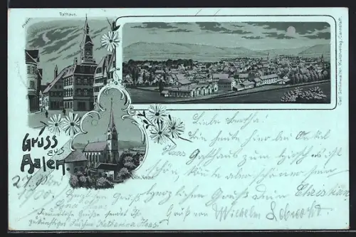 Mondschein-Lithographie Aalen, Kath Kirche, Rathaus, Ortsansicht im Vollmondlicht