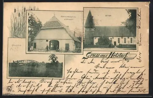 AK Helsdorf, Gasthaus von G. Wienhöfer, Kirche, Leinebrücke