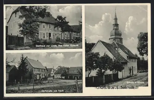 AK Sohnstedt über Erfurt, Gasthaus zur Linde, Bes. Oskar Eckardt, Schule u. Kirche, Dorfstrasse mit Teich
