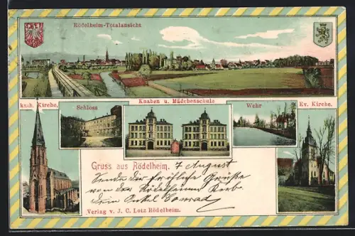 AK Frankfurt-Rödelheim, Schloss, kath. Kirche, Wehr, Ev. Kirche