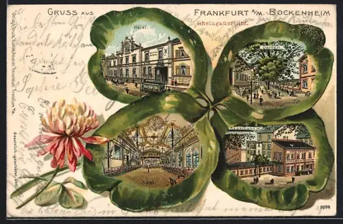 Passepartout-Lithographie Frankfurt a. M., Hotel, Garten, Saal, Kleeblatt-Passepartout