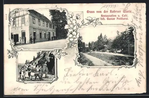 AK Hameln, Gasthaus Rohrser Warte, Inh. Gustav Pottharst, Rattenfänger von Hameln