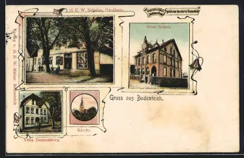 AK Bodenteich, Gasthaus von H. C. W. Schutze, Neue Schule, Kirche, Villa Dannenberg